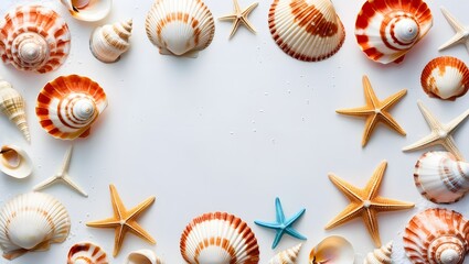 Scattered seashells and a starfish rest on warm summer sand