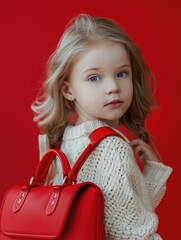 A young girl holding a red handbag on a bright red background