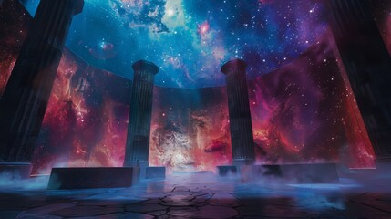 Poster - A large, open chamber with four pillars, lit by a colorful nebula projected on the walls. A faint fog hangs in the air.