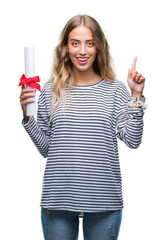 Sticker - Beautiful young blonde woman holding degree certificate over isolated background surprised with an idea or question pointing finger with happy face, number one