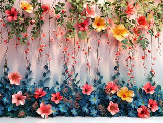 Wall Mural - Elegant colorful with vibrant flower hanging branches illustration background. Bright color 3d abstraction wallpaper for interior mural, Generated by AI	