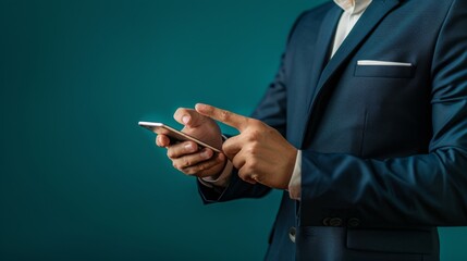 Poster - A man in a suit is pointing at his cell phone