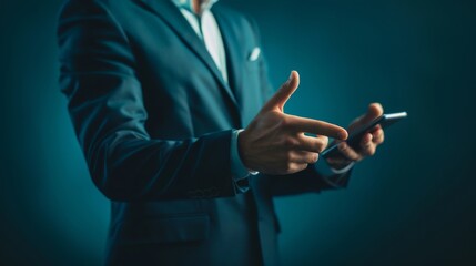 Poster - A man in a suit holding a cell phone with his thumb up. Concept of importance and urgency, as the man is likely trying to communicate something quickly or make a decision