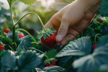 Hand reaches out to pick ripe red strawberry from rich green garden. Close-up shot of human hand grasping fresh fruit among plants. Vibrant colors and blurred background highlight central subject.