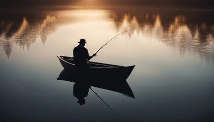 Poster - the silhouette of a man fishing in his boat on the mirror-bright and calm river
