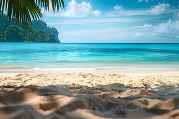 Tropical beach with sand and turquoise seascape background.