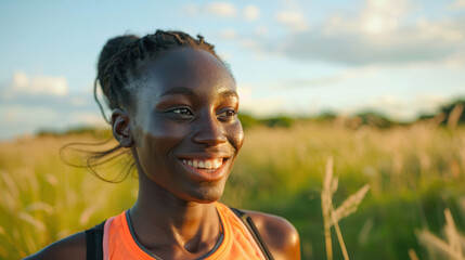 Fitness, black woman and happy athlete smile after running, exercise and marathon training workout. Green sky, summer sports and run of a African runner breathing with happiness from sport outdoor