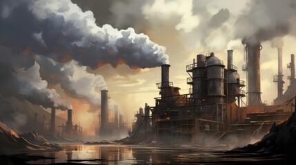 A classic painting of an industrial factory belching smoke into the sky