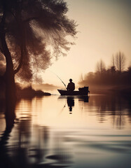 Poster - the silhouette of a man fishing in his boat on the mirror-bright and calm river
