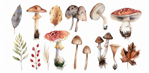 Wall Mural - A set of mushroom watercolors in brown color, an elegant watercolor, an isolated mushroom isolated on a transparent background, and a PNG file includes the set.