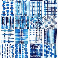 Modern blue white irregular beach patched shape mix for summer doodle beachwear design. Coastal mariner background for seaside living style in repeatable tile.