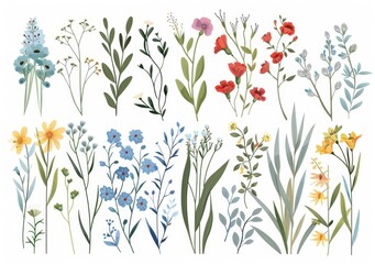 Wall Mural - Botanic foliage elements - branches, leaves, herbs, wild flowers. Garden, meadow, field collection leaf, foliage, branches. Bloom modern illustration isolated on white.