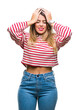 © Krakenimages.com - Young beautiful woman casual stripes winter sweater over isolated background suffering from headache desperate and stressed because pain and migraine. Hands on head.