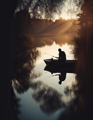 Poster - the silhouette of a man fishing in his boat on the mirror-bright and calm river
