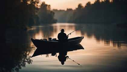 Poster - the silhouette of a man fishing in his boat on the mirror-bright and calm river
