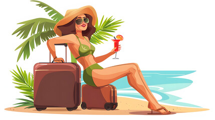 Wall Mural - young woman in swimsuit with suitcase and cocktail excited waiting for flight. travel, summertime vacation, beach leisure time concept isolated on white background, png