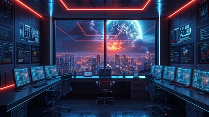 Wall Mural - A room with many computer monitors overlooking a futuristic cityscape at night.