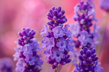 Wall Mural - A bunch of purple flowers with a pink background