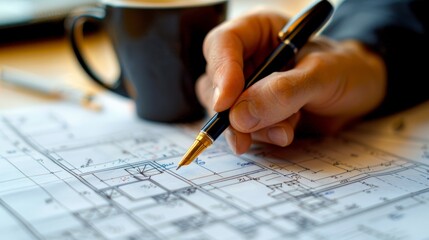 Wall Mural - Engineer's hand holding a pen, pointing at key details on technical diagrams, with a cup of coffee for a work break