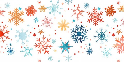 Wall Mural - A colorful snowflake pattern with a white background. The snowflakes are of different sizes and colors, creating a festive and cheerful atmosphere