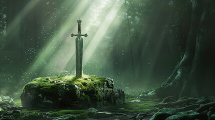 Wall Mural - A sword is stuck in the moss-covered stone, with rays of sunlight shining through from behind it. The background features dense forest and a sense of mystery.