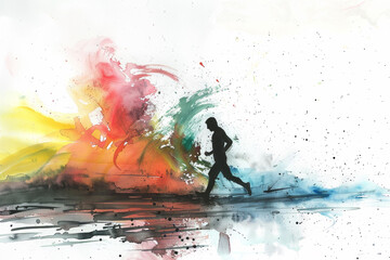 Wall Mural - A man is running on a beach with a splash of colors in the background