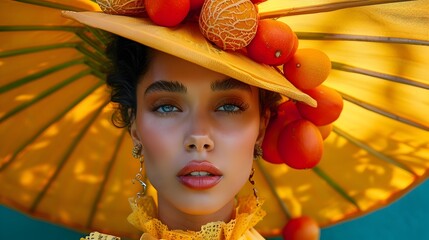 Vibrant Mexican Fashion Portrait with Cantaloupe Headpiece and Bold Umbrella