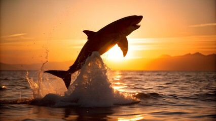 Silhouette of Great White Shark in jump. Red sky of sunrise. Breaching in attack. Scientific name: Carcharodon carcharias. South Africa.