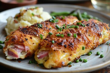 Wall Mural - Cordon Bleu A crispy, golden Cordon Bleu with ham and cheese filling. Served with a side of mashed potatoes and green beans. 