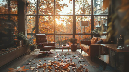 Wall Mural - A cozy living room with large windows overlooking a vibrant autumn forest, showcasing a leather armchair and sofa with scattered leaves on the floor.