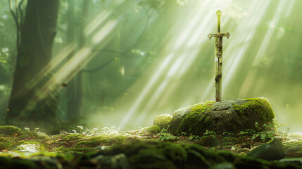 Wall Mural - A sword is stuck in the moss-covered stone, with rays of sunlight shining through from behind it. The background features dense forest and a sense of mystery.