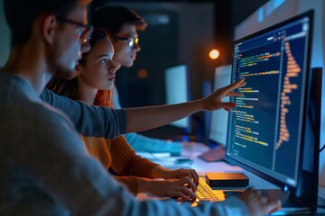 three people are working on a computer screen, with one of them pointing at the screen. scene is foc