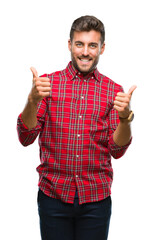 Sticker - Young handsome man over isolated background success sign doing positive gesture with hand, thumbs up smiling and happy. Looking at the camera with cheerful expression, winner gesture.