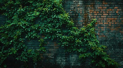 Canvas Print - Background of a brick wall adorned with green shrubbery Textured building surface