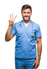 Poster - Young handsome doctor surgeon man over isolated background showing and pointing up with fingers number three while smiling confident and happy.