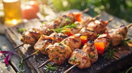 Wall Mural - Chicken shish kebabs on wooden skewers traditional Mediterranean dish with ground chicken sunny background