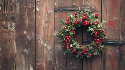 Wall Mural - Close up of a festive mistletoe wreath on a wooden door at Christmas