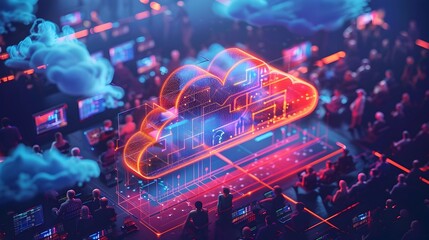 Vibrant Cloud Computing Hackathon Event with Collaborative Teamwork and Futuristic Solutions
