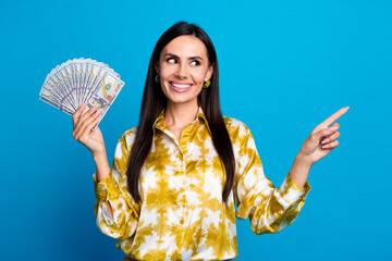 Sticker - Photo of pretty elegant woman wear stylish blouse salary deposit budget look empty space isolated on blue color background