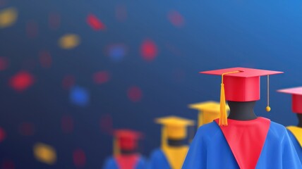 a group of graduates are standing in front of a blue background with a red cap o