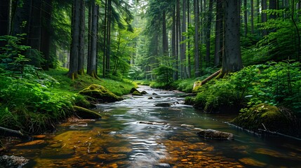 Canvas Print - Enchanting Forest with Serene Crystal Clear Stream Capturing Untouched Nature and Sustainability