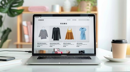 Modern Online Shopping Cart Interface on Laptop With Trendy Fashion Items on Minimalist White Desk