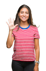 Wall Mural - Young beautiful arab woman over isolated background showing and pointing up with fingers number five while smiling confident and happy.