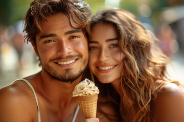 Canvas Print - Man and woman enjoy ice cream cones on bright background of festival day