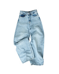 Sticker - Crumpled wide leg jeans isolated on white. Woman denim trousers, baggy style jeans.