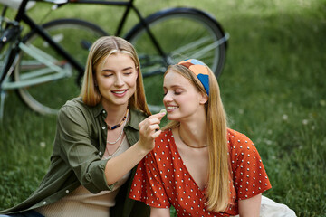 Two young women enjoy a romantic picnic date in a green park.