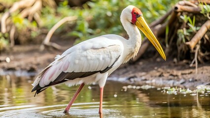 Wall Mural - Yellow-billed stork (Mycteria ibis), sometimes also called the wood stork or wood ibis, is a large African wading stork species in the family Ciconiidae.