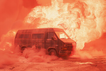 Wall Mural - A van on fire, with flames and thick smoke, isolated on a coral background. The warm color contrasts with the dark, destructive fire, creating a striking visual.
