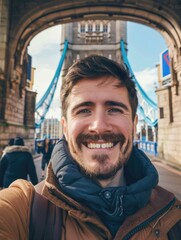 Wall Mural - A person enjoying the scenery by a bridge, suitable for travel or lifestyle images