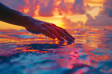 Wall Mural - AI generated photo of hand holding water from the river